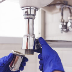A person wearing blue gloves is fixing a shiny chrome sink pipe under a bathroom or kitchen sink, holding part of the pipe that has been detached.