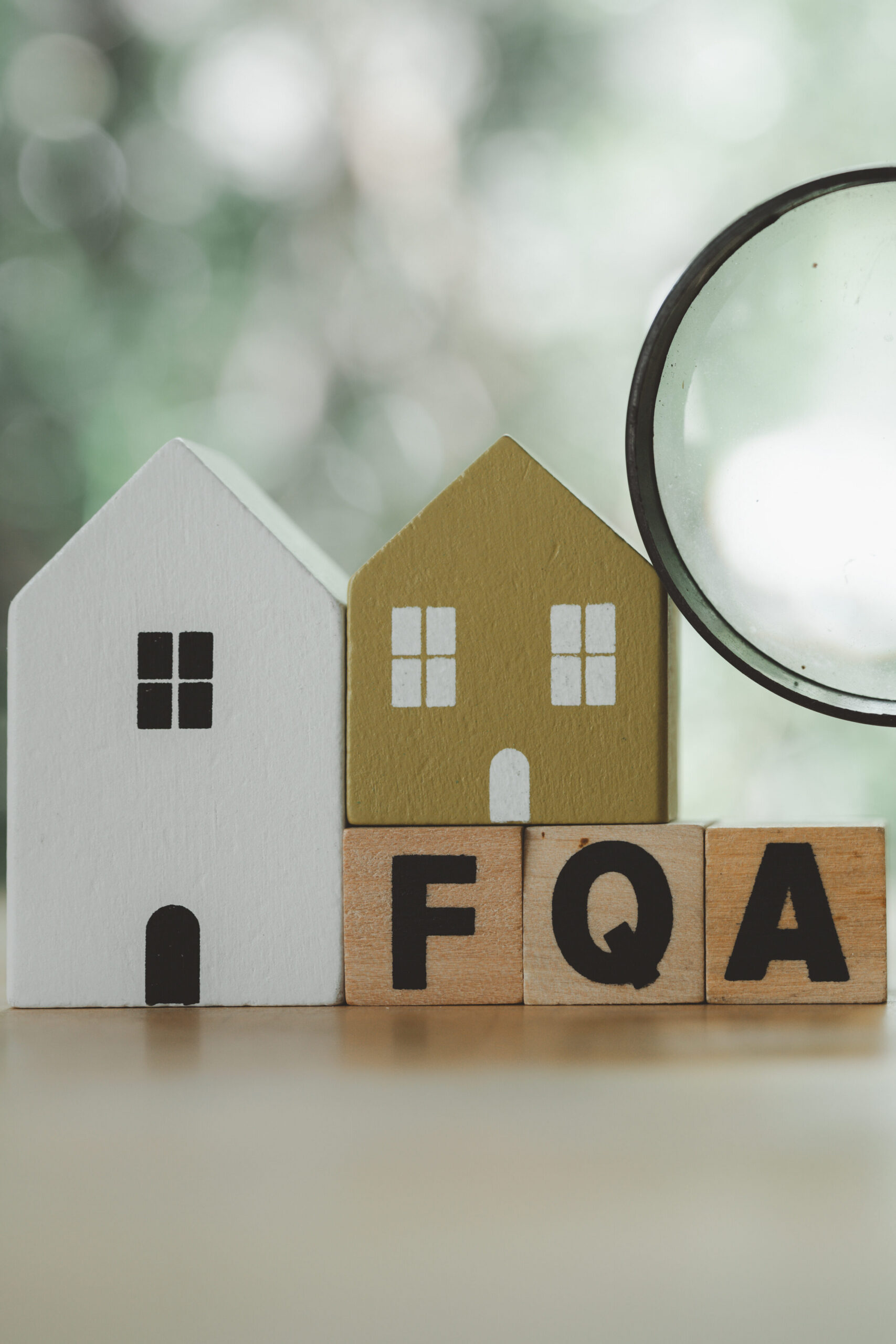 Two small wooden house models stand behind wooden blocks spelling "FQA," with a magnifying glass positioned on the right side, against a blurred natural background.
